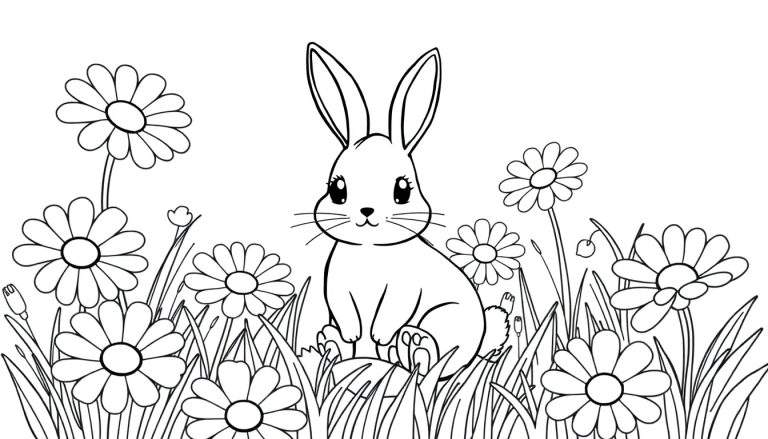 Kleurplaat van een schattig konijntje in een veld met madeliefjes.