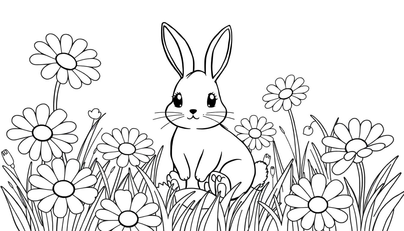 Kleurplaat van een schattig konijntje in een veld met madeliefjes.