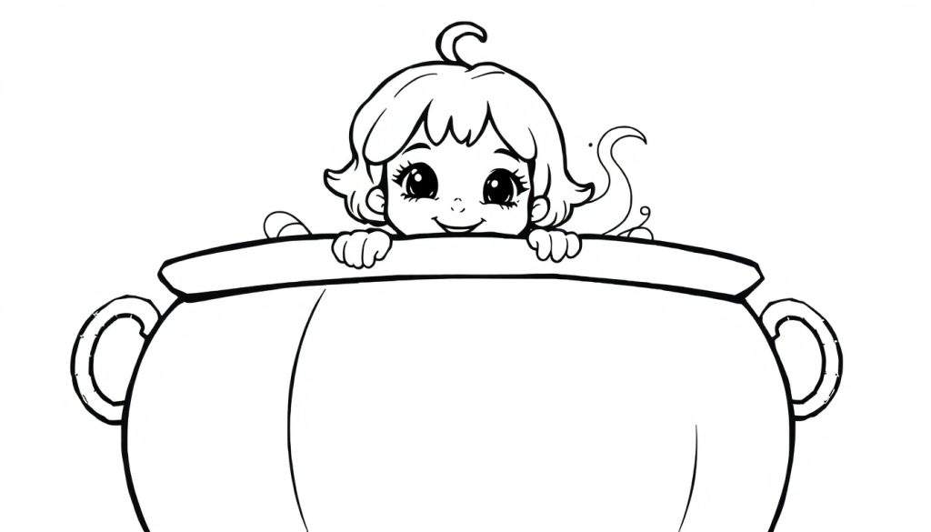 Een zwart-wit kleurplaat van een lief meisje in een grote heksenketel.