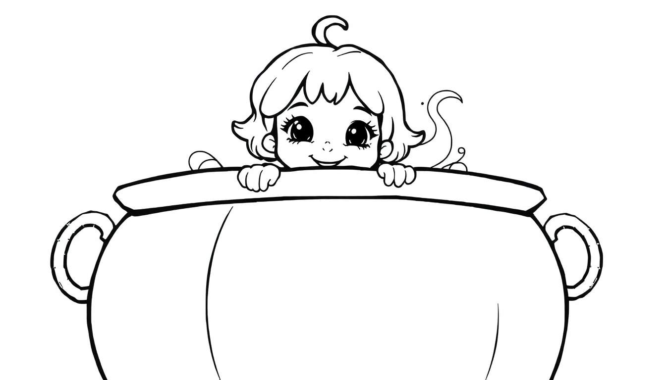 Een zwart-wit kleurplaat van een lief meisje in een grote heksenketel.