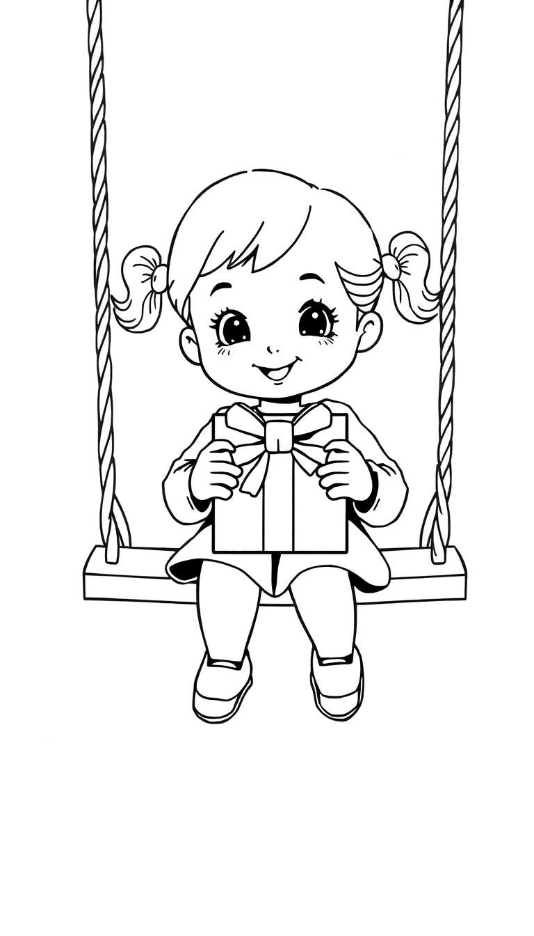 Schattig meisje op schommel met cadeau, kleurplaat