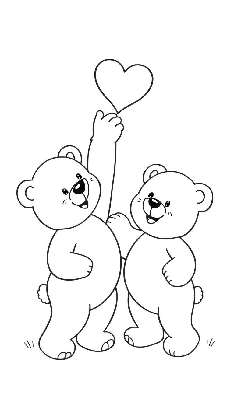 Kleurplaat van twee teddyberen die samen een hart vasthouden.