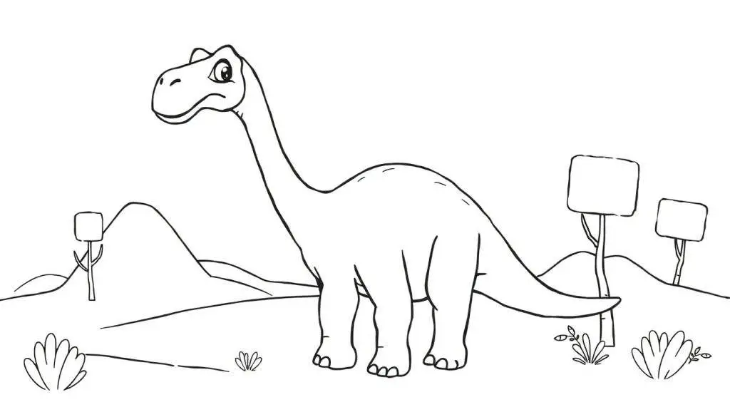 Kleurplaat van een Brachiosaurus in een prehistorisch landschap.