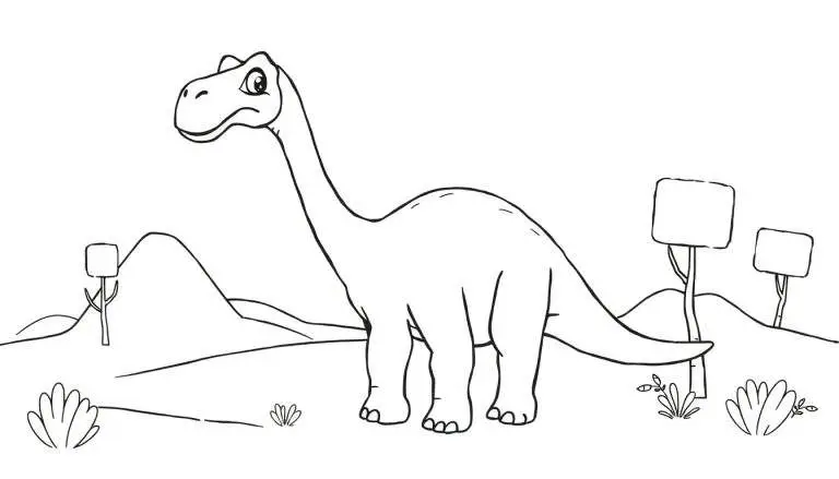 Kleurplaat van een Brachiosaurus in een prehistorisch landschap.