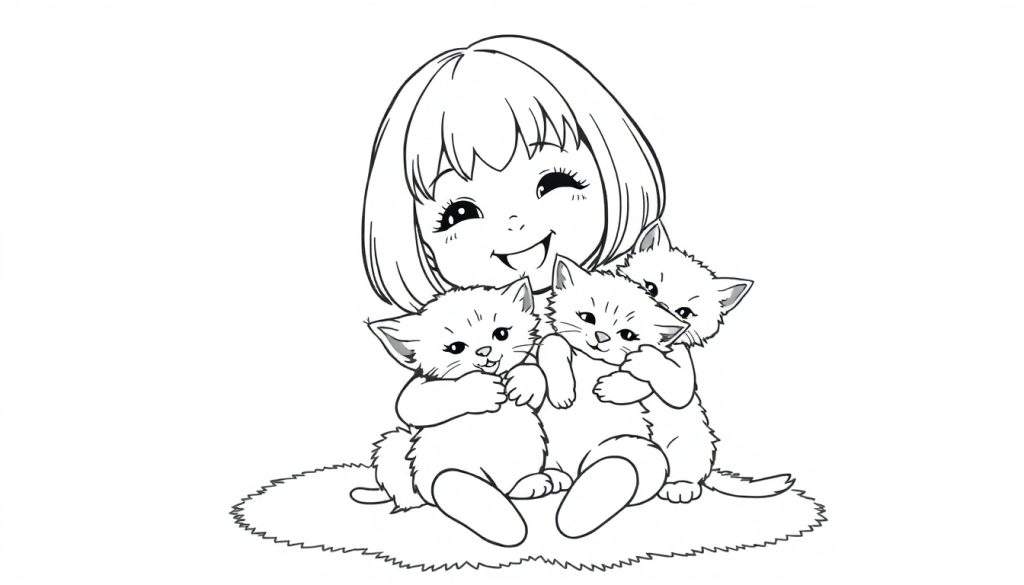 Kleurplaat van een jong meisje met een bob die drie kittens vasthoudt.