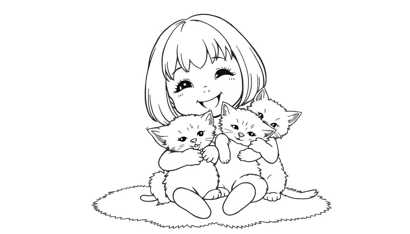 Kleurplaat van een jong meisje met een bob die drie kittens vasthoudt.