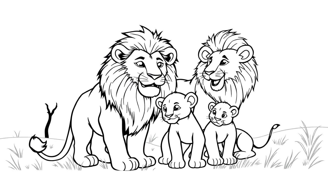 Een zwart-wit kleurplaat van een leeuwenfamilie met twee volwassen leeuwen en twee welpjes in het gras.