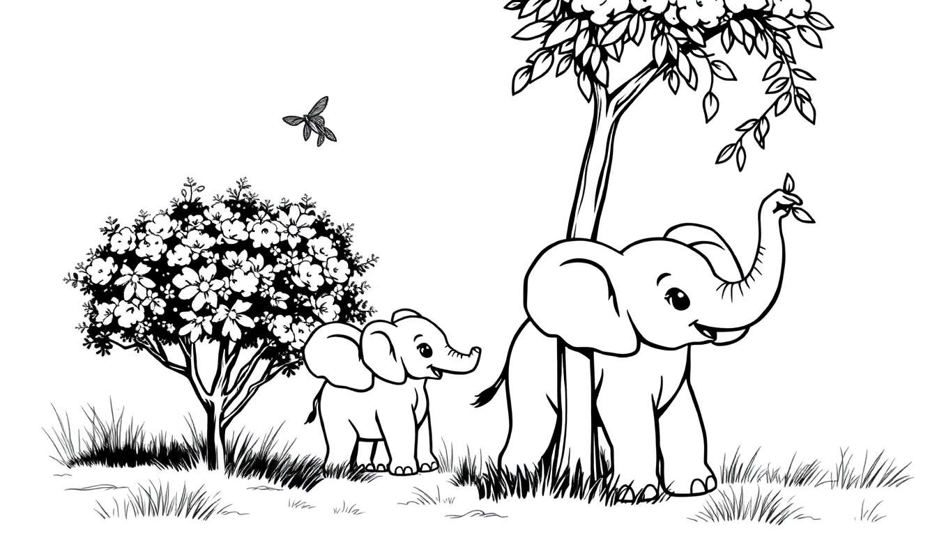 Kleurplaat van twee schattige olifantjes op de savanne.