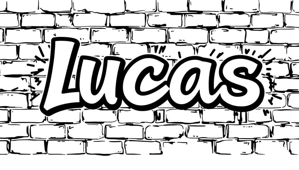 Een kleurplaat met de naam Lucas in grote, witte graffiti letters met een zwarte rand op een getekende bakstenen muur.