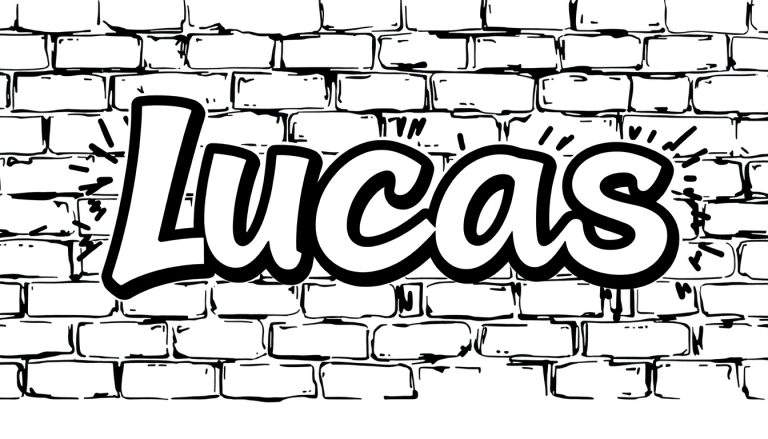 Een kleurplaat met de naam Lucas in grote, witte graffiti letters met een zwarte rand op een getekende bakstenen muur.