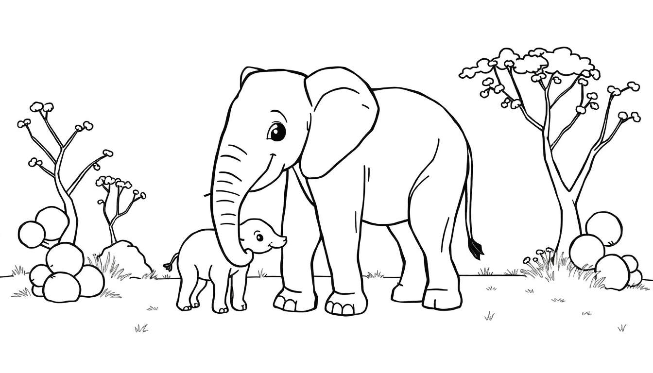 Kleurplaat van een moederolifant en babyolifant op de savanne.