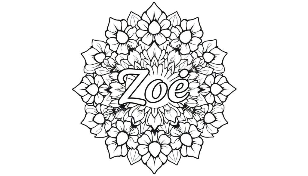 Zwart-wit mandala kleurplaat voor kinderen met de naam Zoe in het midden.