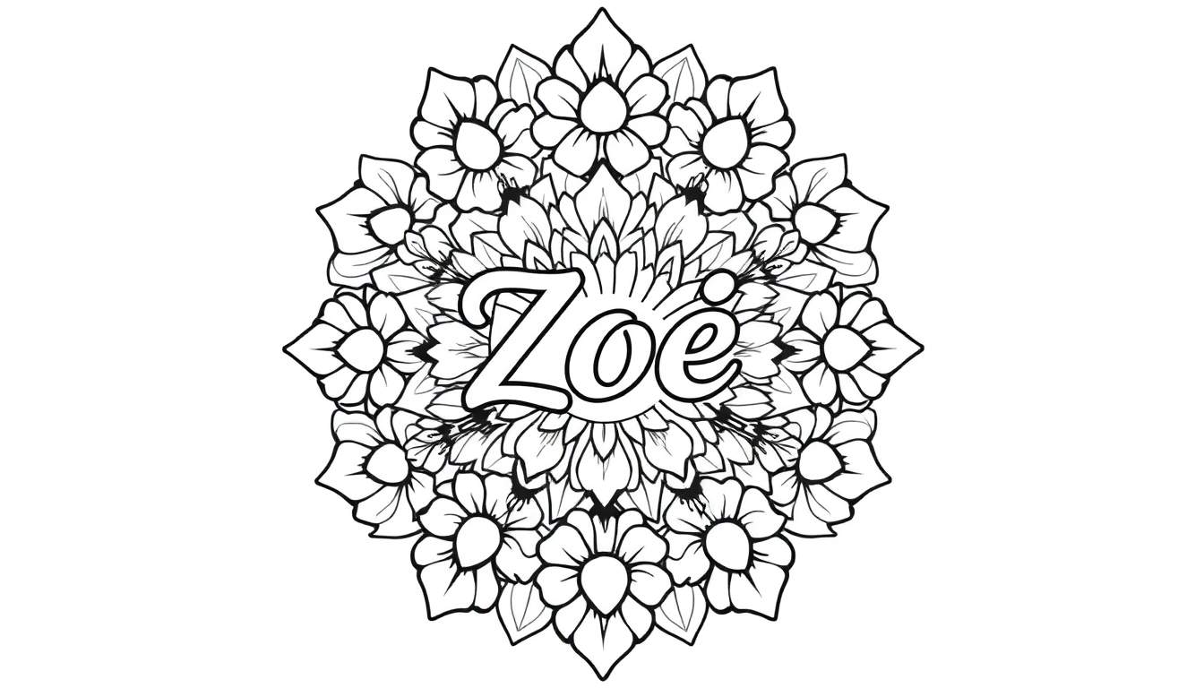 Zwart-wit mandala kleurplaat voor kinderen met de naam Zoe in het midden.