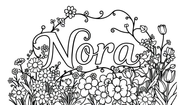 Kleurplaat van de naam Nora, omringd door een mandala van bloemen en wijnranken.