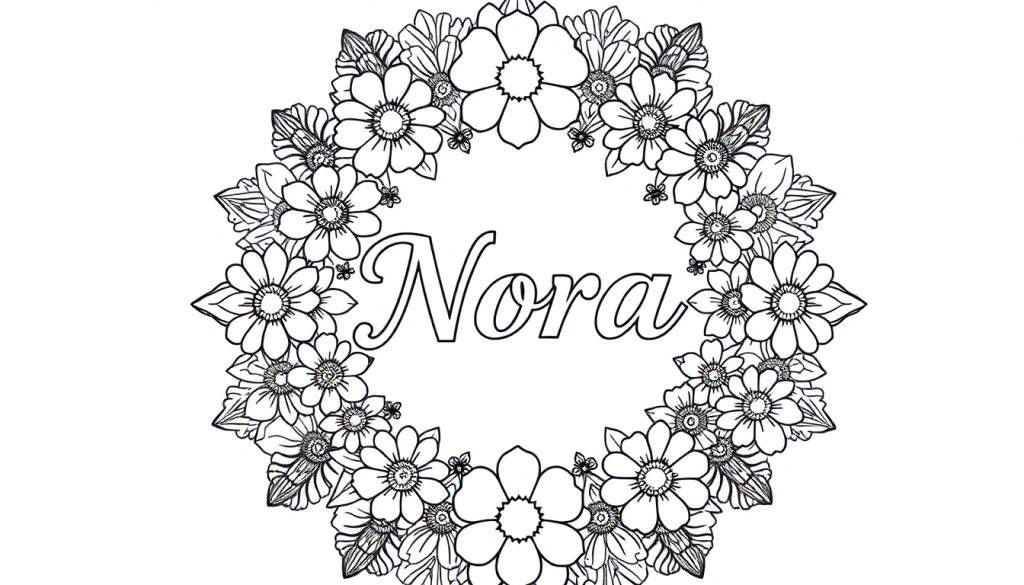 Kleurplaat van een mandala met de naam Nora en bloemen in zwart-wit.