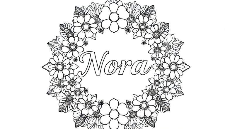 Kleurplaat van een mandala met de naam Nora en bloemen in zwart-wit.