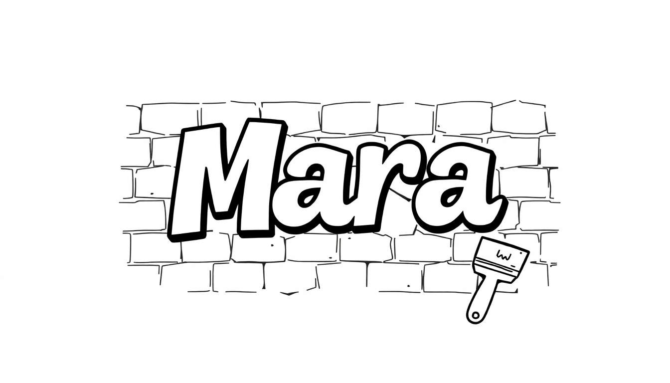 Kleurplaat met graffiti van de naam Mara op een bakstenen muur.