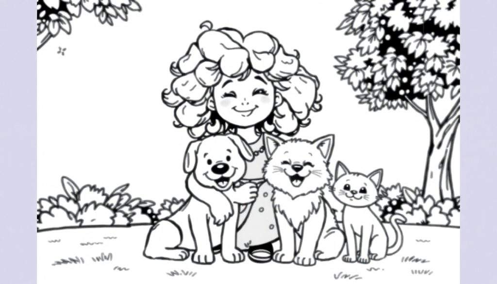 Een zwart-wit kleurplaat van een vrolijk meisje met krullend haar dat twee katten en een hond aait in een tuin.
