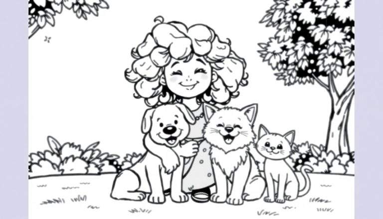 Een zwart-wit kleurplaat van een vrolijk meisje met krullend haar dat twee katten en een hond aait in een tuin.