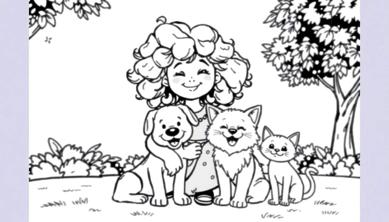 Een zwart-wit kleurplaat van een vrolijk meisje met krullend haar dat twee katten en een hond aait in een tuin.