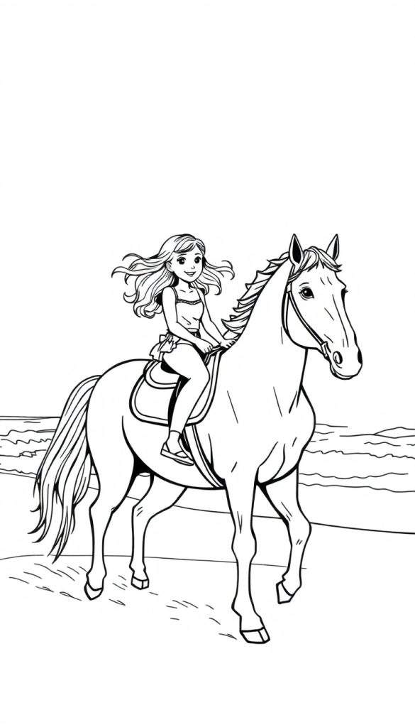 Kleurplaat van een meisje op een paard bij de zee.