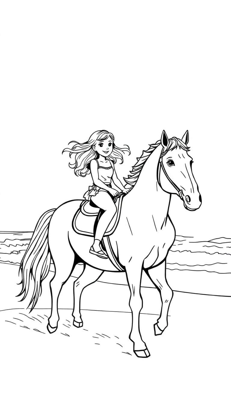 Kleurplaat van een meisje op een paard bij de zee.