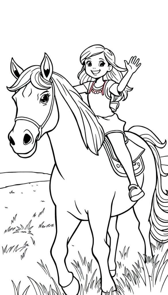 Zwart-witte kleurplaat van een lachend meisje op een paard in een weiland.