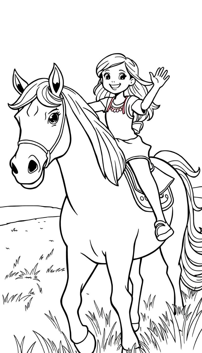 Zwart-witte kleurplaat van een lachend meisje op een paard in een weiland.