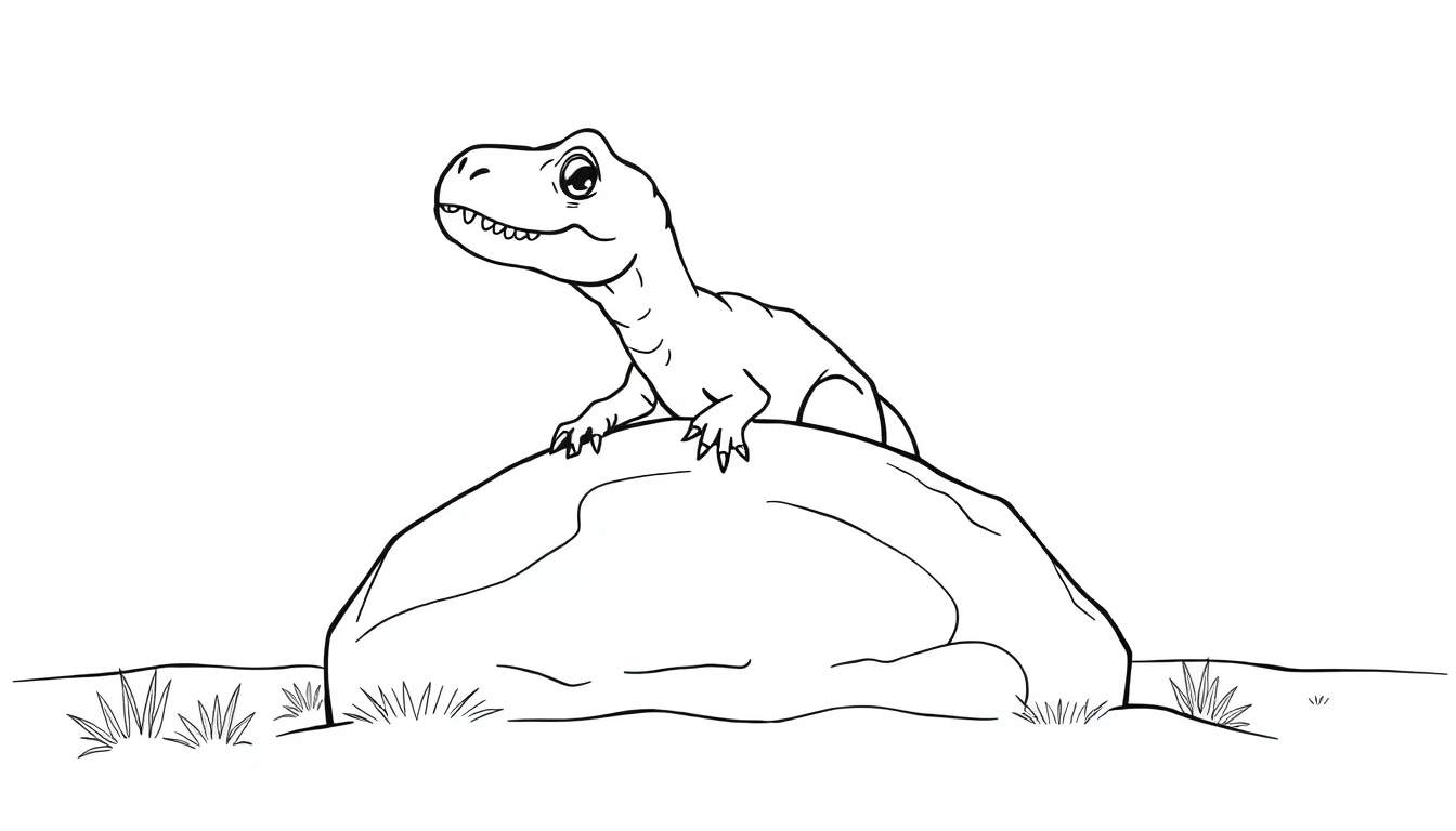 Zwart-witte kleurplaat van een schattige, jonge T-rex op een rots.