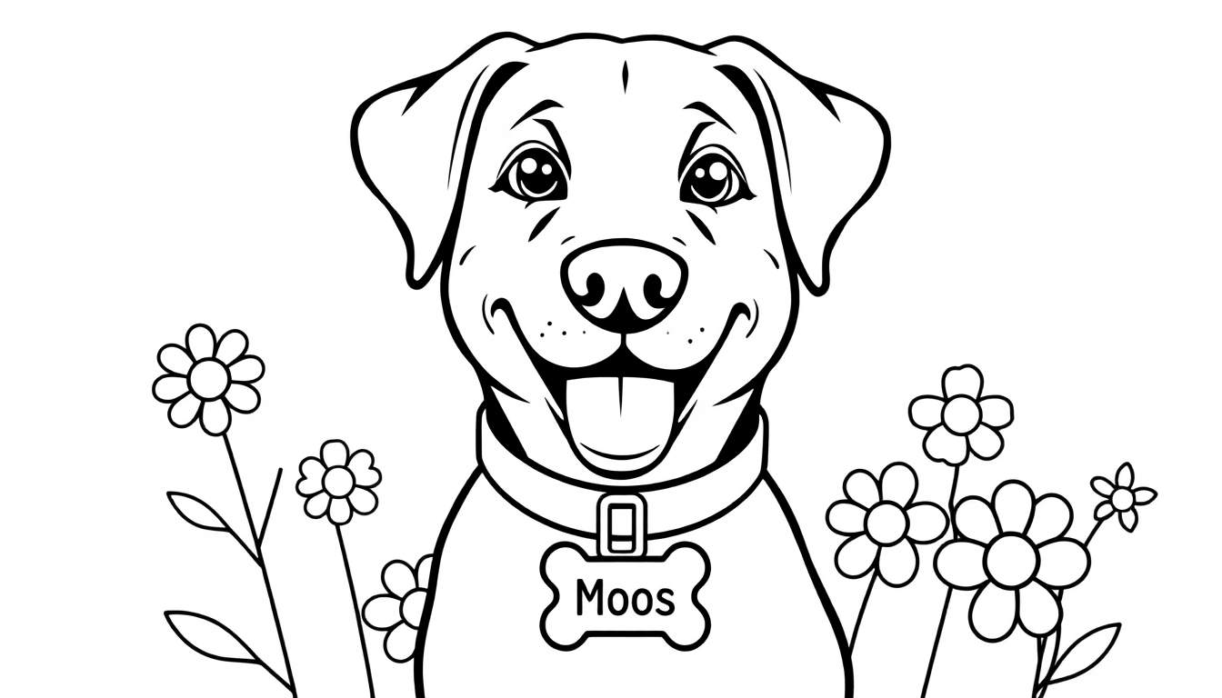 Een kleurplaat van Moos de vriendelijke labrador met bloemen.