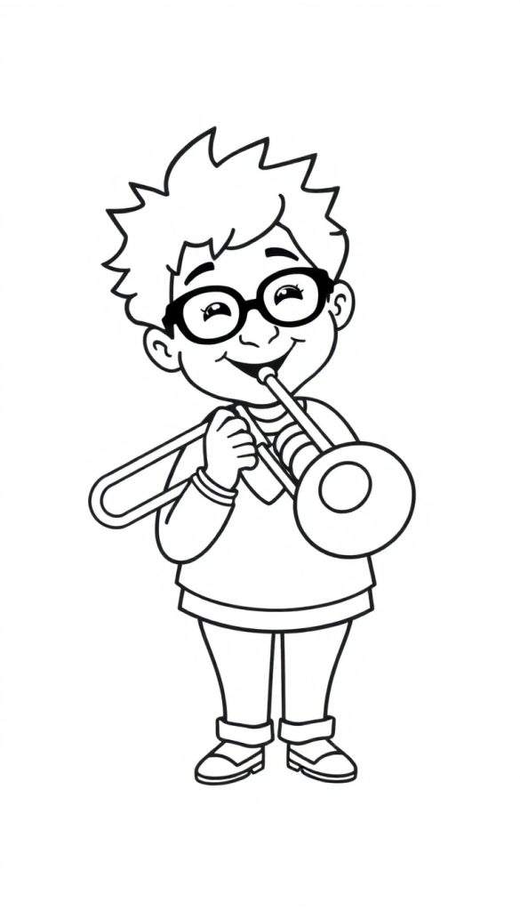 Kleurplaat van een vrolijke jongen met bril en stekelhaar die trombone speelt.