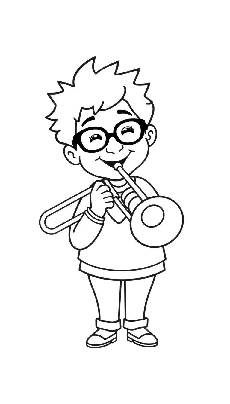 Kleurplaat van een vrolijke jongen met bril en stekelhaar die trombone speelt.