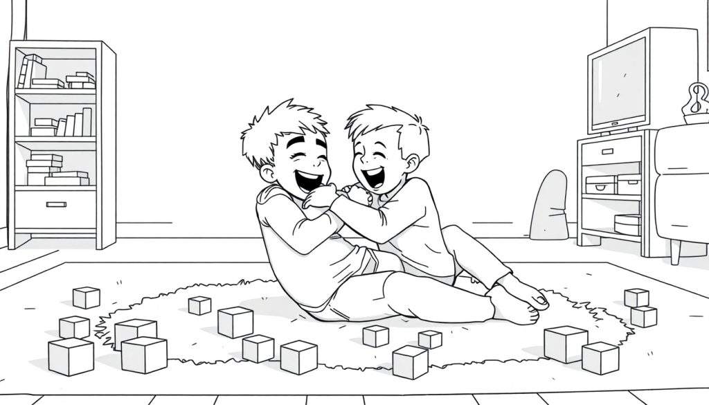 Kleurplaat van lachende Niels en Rick die spelen met blokken.