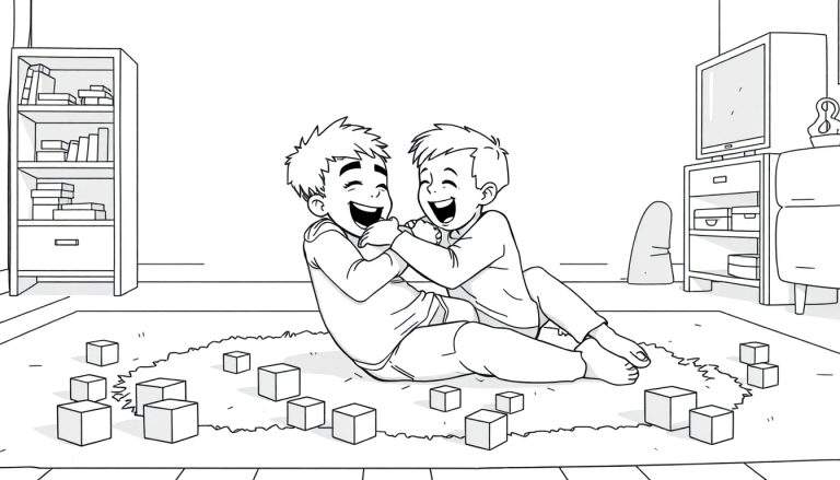 Kleurplaat van lachende Niels en Rick die spelen met blokken.