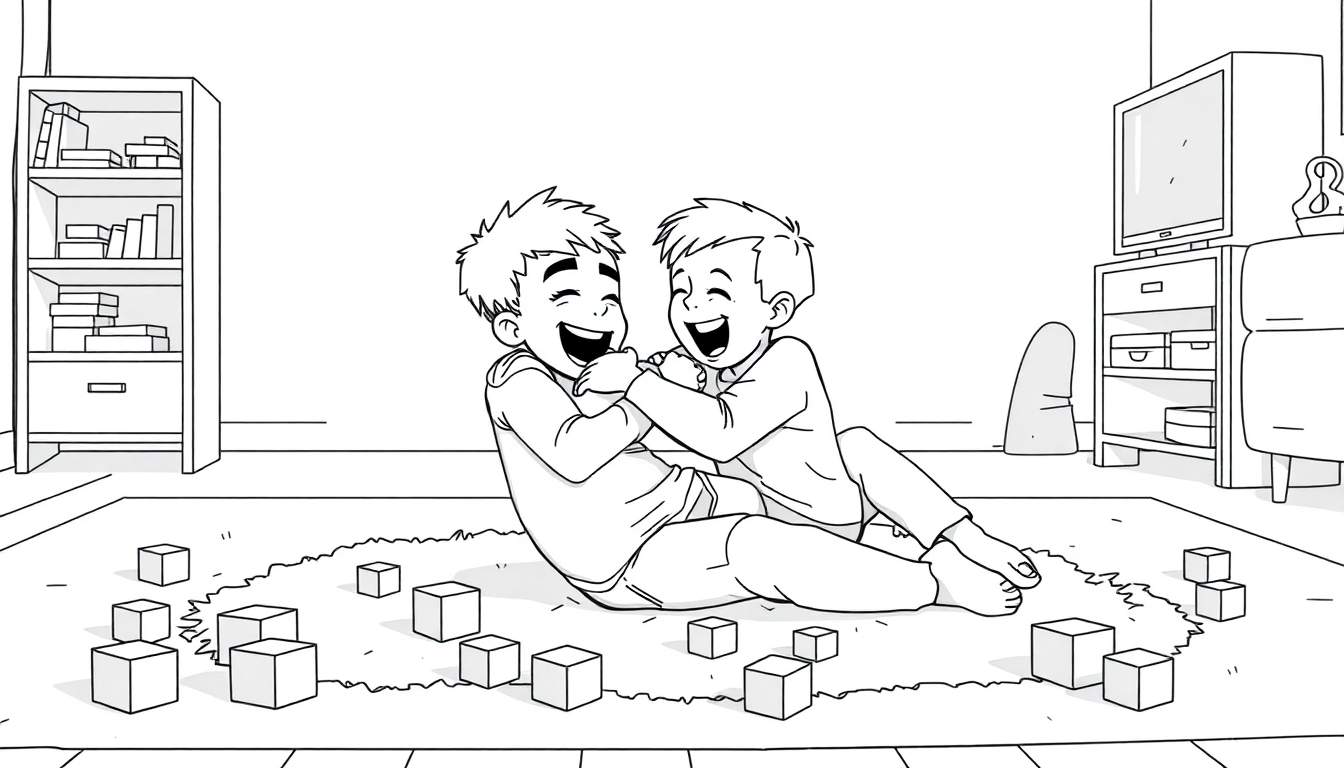 Kleurplaat van lachende Niels en Rick die spelen met blokken.