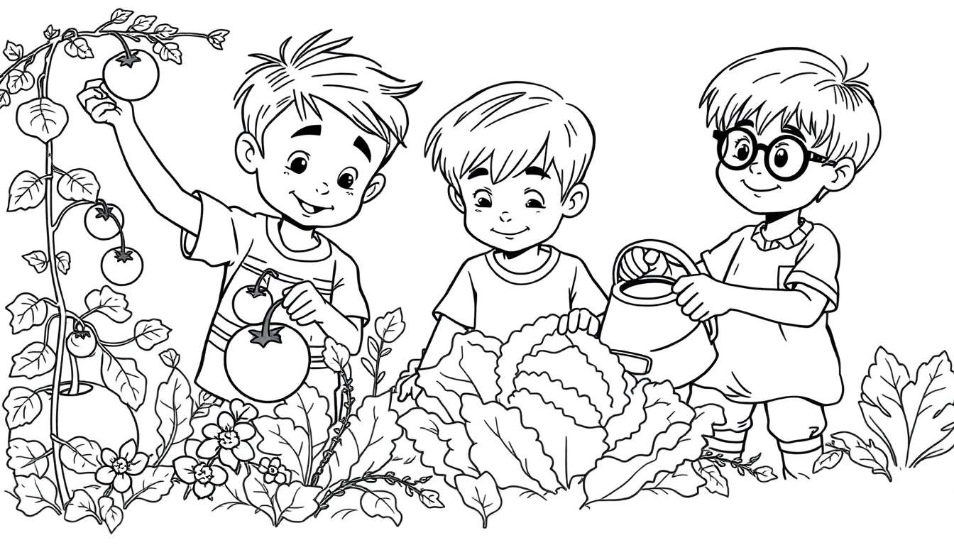 Kleurplaat van drie jongens in een tuin, een plukt tomaten, een staat bij kool, en een giet water.