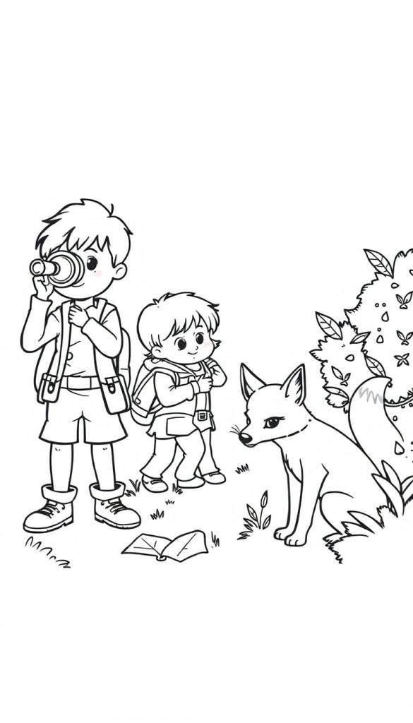 Kleurplaat van kinderen op vossenjacht met een vos in de natuur.