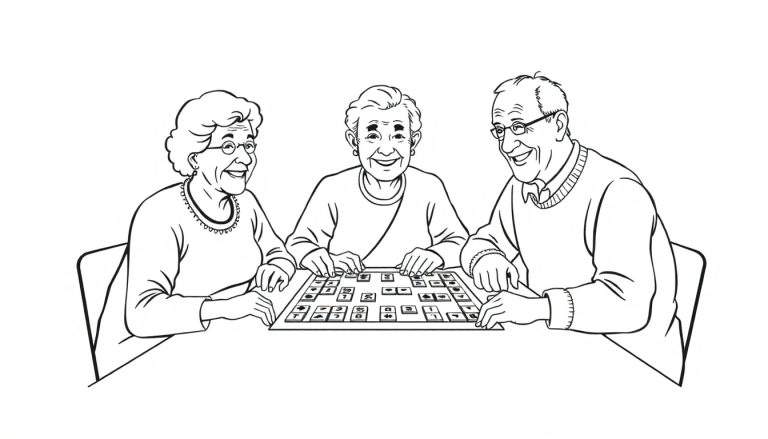 Drie ouderen spelen Rummikub, een kleurplaat van gezelligheid.