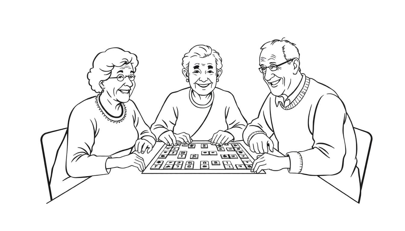 Drie ouderen spelen Rummikub, een kleurplaat van gezelligheid.