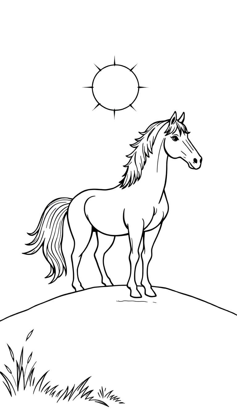 Een zwart-wit kleurplaat van een paard op een heuvel onder de zon.