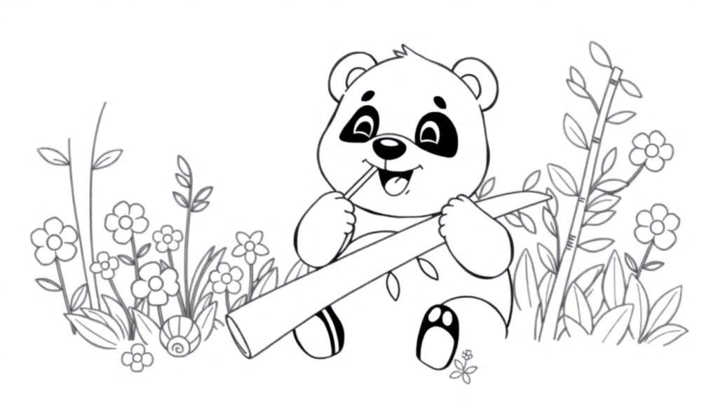 Zwart-wit kleurplaat van een schattige panda die bamboe eet in een tuin.