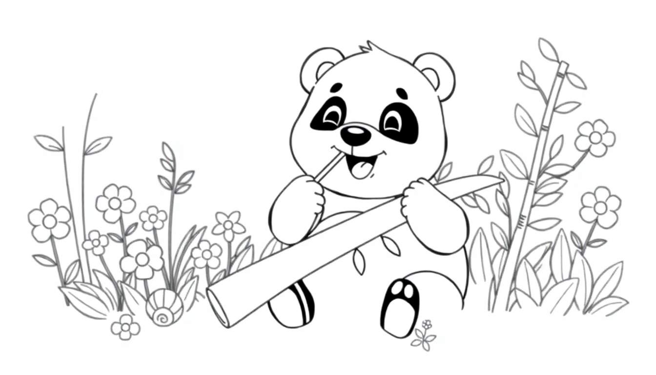 Zwart-wit kleurplaat van een schattige panda die bamboe eet in een tuin.