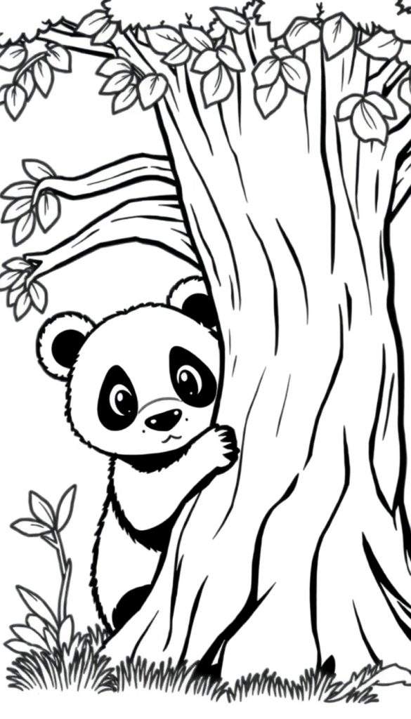 Kleurplaat van een panda die zich verstopt achter een boom.