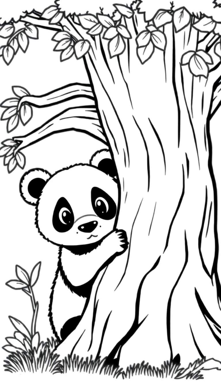 Kleurplaat van een panda die zich verstopt achter een boom.