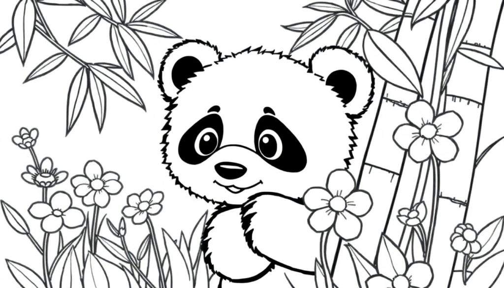 Kleurplaat van een schattige panda die bamboe eet tussen bloemen.
