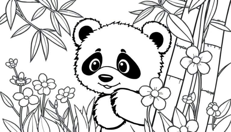 Kleurplaat van een schattige panda die bamboe eet tussen bloemen.