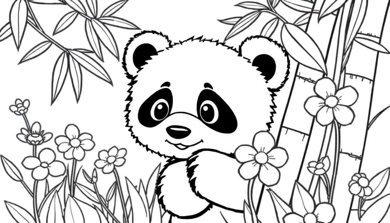 Kleurplaat van een schattige panda die bamboe eet tussen bloemen.