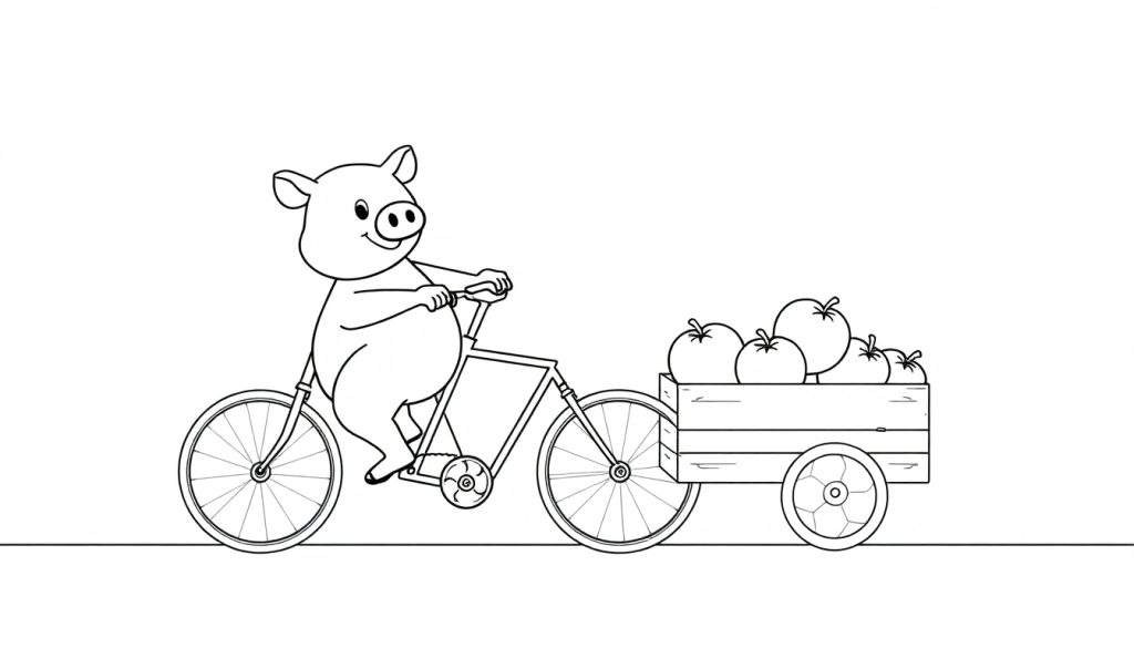 Kleurplaat van Pepa het varken op een fiets met een kar vol appels.
