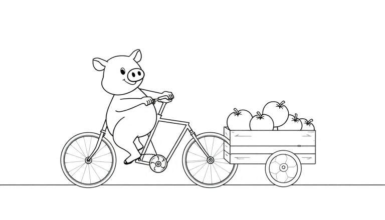 Kleurplaat van Pepa het varken op een fiets met een kar vol appels.