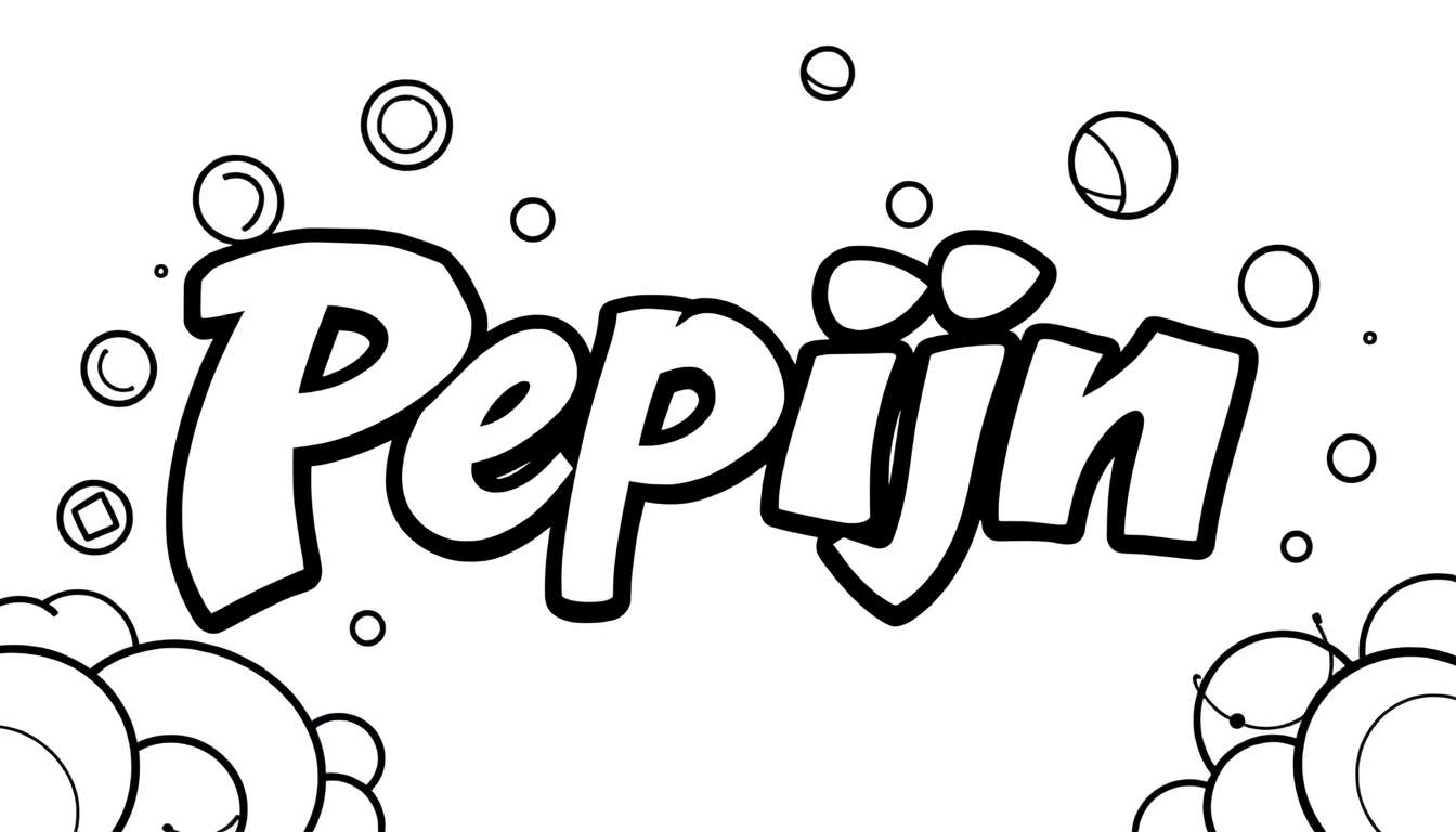 Zwart-wit kleurplaat van het woord Pepijn omringd door bubbels.
